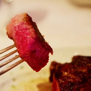 a piece of meat on a fork