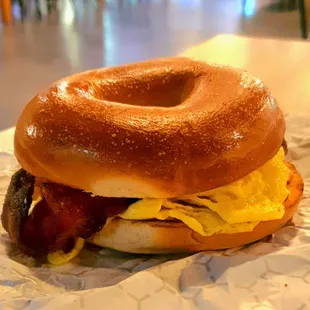 BEC on a plain, toasted bagel