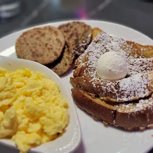 French toast, eggs and turkey sausage