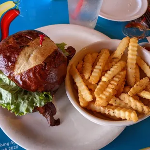 Bacon Blue Burger with crinkle fries. $11