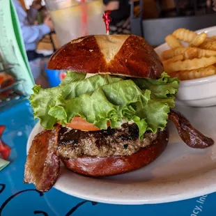 Bacon Blue Burger with crinkle fries. $11