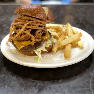 Deluxe Burger with Crispy Onion Strings