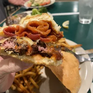 That's an up close of my perfectly cooked BBQ burger with deep fried bacon!  Really yummy.