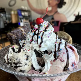 Phoney baloney - 7 scoop ice cream sundae with a brownie, cookie, chocolate truffle, and more!