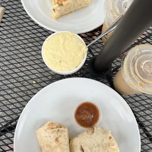 Iced Perch Latte &amp; breakfast burritos with a side of cheese grits