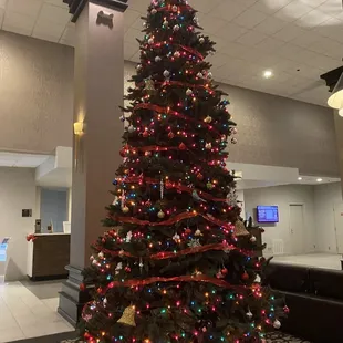 a decorated christmas tree in a lobby