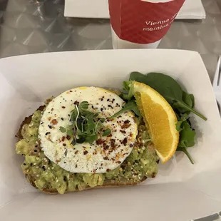 Avocado toast (single portion) and oat milk mocha