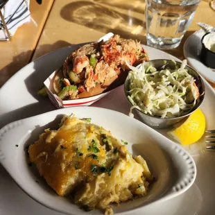 Lobster roll, scalloped potatoes and coleslaw