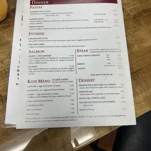 Dinner menu