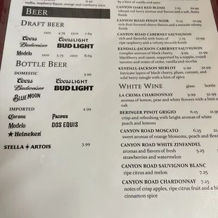Adult beverages menu February 2024