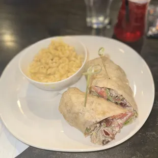 Shrimp salad wrap with Mac and cheese