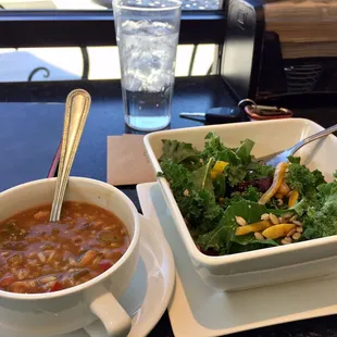 Cup of gumbo (Saturday soup) and full size cranberry feta kale salad