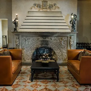 The fireplace in our Lobby Lounge.
