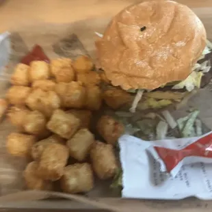 Pharmacy burger with tater tots.