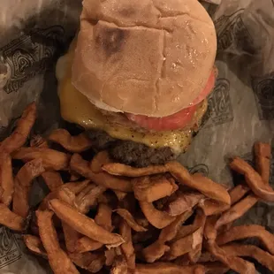 Cheese burger and sweet potato fries