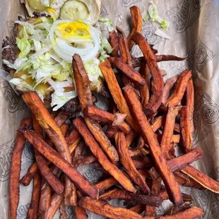 Pharmacy burger sweet potato fries