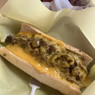 Small steak with cheese, mushrooms, onion, and jalapeños