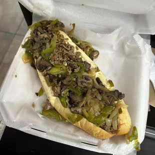 The mushroom Philly with onions and green peppers