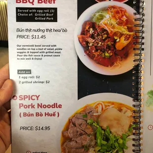 a menu for vermicelli bag beef