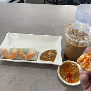 Shrimp and Pork Spring Rolls, Beef Pho #1 (add chicken) , Vietnamese Iced Coffee.