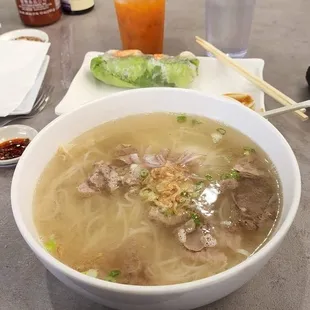 Thai tea w/ bobba, pork amd shrimp spring roll, and beef pho special (not pictured is the plate of sprouts, herbs, lime, and jalapeños).