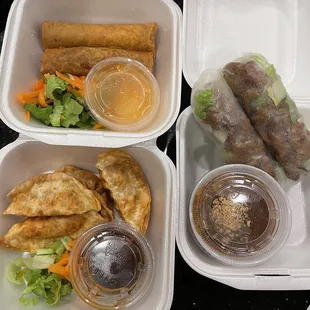 Egg rolls, spring rolls, dumplings