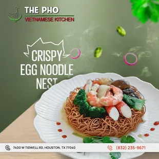 Savor the exquisite crunch of our Crispy Egg Noodle Nest at The Pho Vietnamese Restaurant!