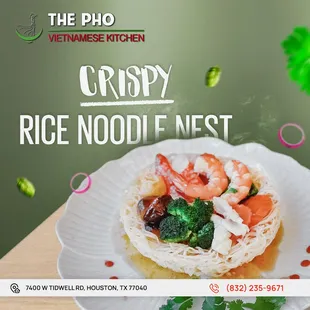 Savor the delightful crunch of our Crispy Rice Noodle Nest at The Pho Vietnamese Restaurant! 
Experience the perfect fusion of crisp