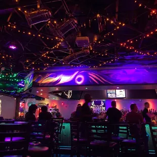 the neon lights on the ceiling