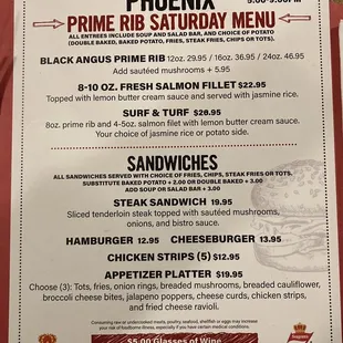a menu for the prime rib saturday menu