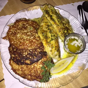 Baked Walleye and potato pancakes...killer... Seriously!!!!