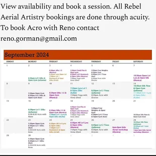 September schedule. All bookings done online and in advance. No drop ins please.