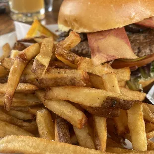 Impossible Burger with vegan bacon and fries