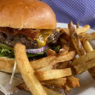 Burger with cheese and fries