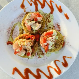 Fried green tomatoes special w shrimp and crab. Shrimp is served cold, threw us off a little.