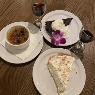 Blueberry lemon brûlée, coconut cream pie and the chocolate decadence cake with two different ports!