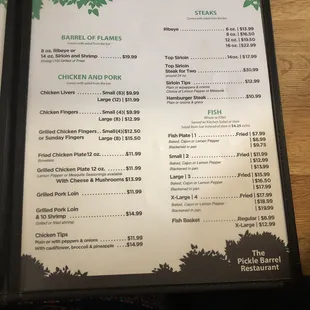 a menu for the pickle barrel