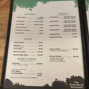 a menu for the pickle barrel