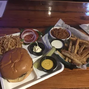 Bistro Burger, Onion Strings, Baked Beans and Fries