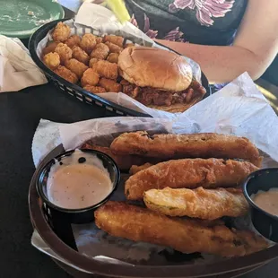 BBQ sandwich and fried pickles