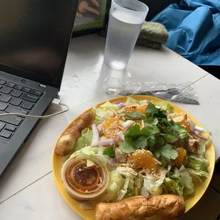 Chinese salad with chicken and "breadsticks" (2) : the breadstick is one, realistically, cut in half, but they call this two.