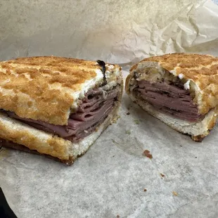 Hot pastrami on Dutch crunch bread.