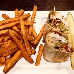 Chicken wrap with ranch on the side and sweet potato fries - really good!