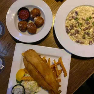 Fish and Chips , Pork Belly Smack and Fried Mac and Cheese Balls