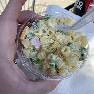 Macaroni salad with ham, cheese and peas. Delicious!