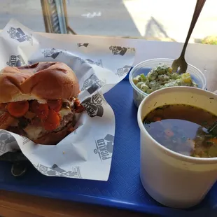 Pork Burger, Matzo Ball, Soup, and Potato Salad