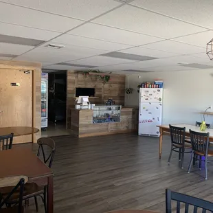 a kitchen and dining area