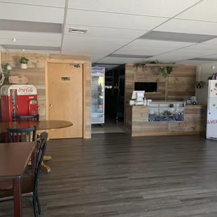 a kitchen and dining area