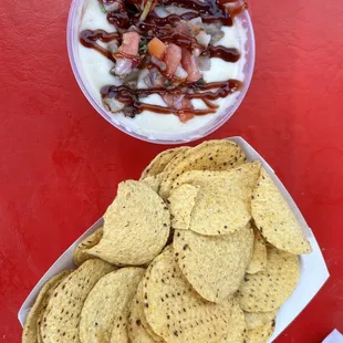 White queso and chips from taco truck