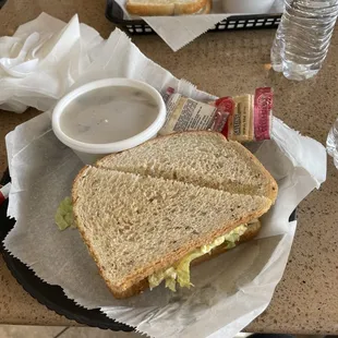 Egg salad sandwich DAILY CREAM SOUPS chips and water